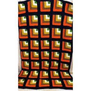 VTG 70’s Colors Granny Crocheted Blanket Handmade Unique Corner Design 68' x 54”